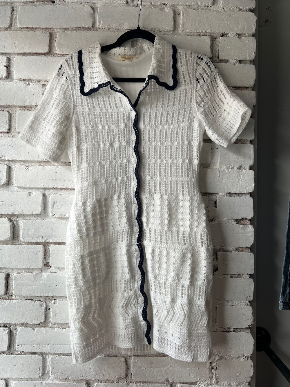 White Knit Button-Front Dress with Navy Trim scallop hem collared dress